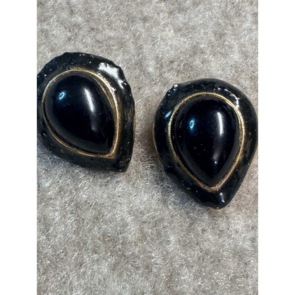 Vintage Earrings x2 Black Enamel Gold Tone Teardrop Hoop Lot